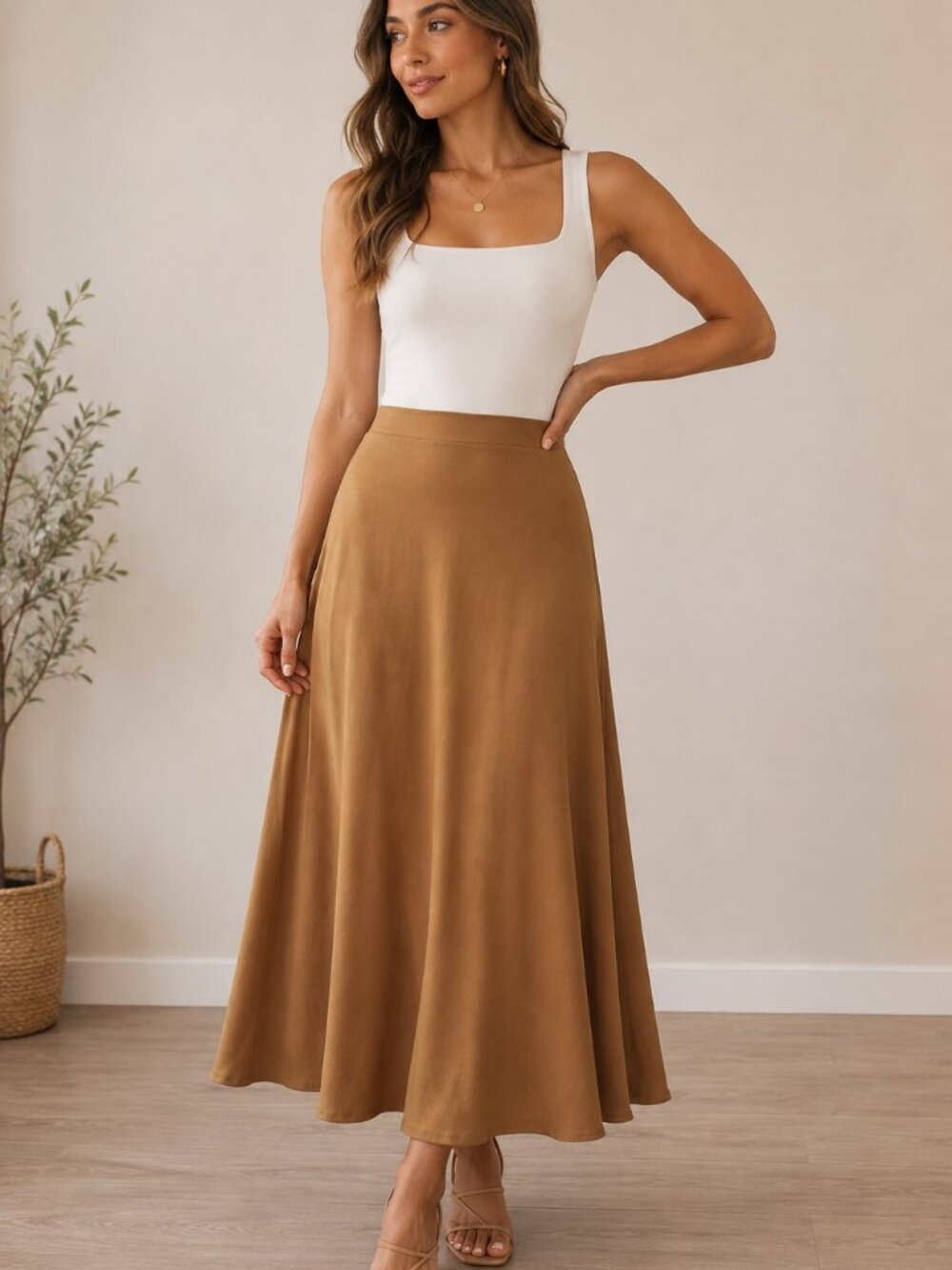 H&M Brown Satin High Waist Midi Skirt A-Line Flowing Women's Skirt